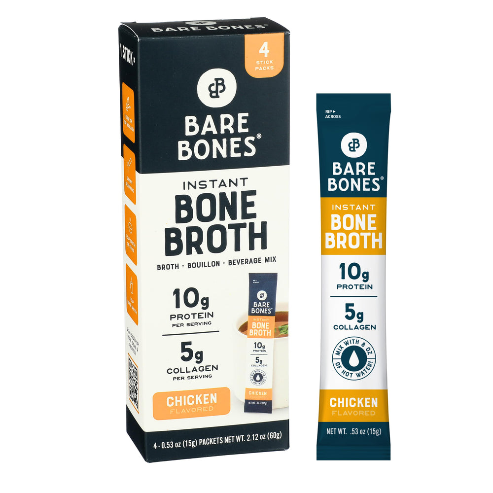 Bare Bones front packaging showing 4-pack and on-the-go benefit