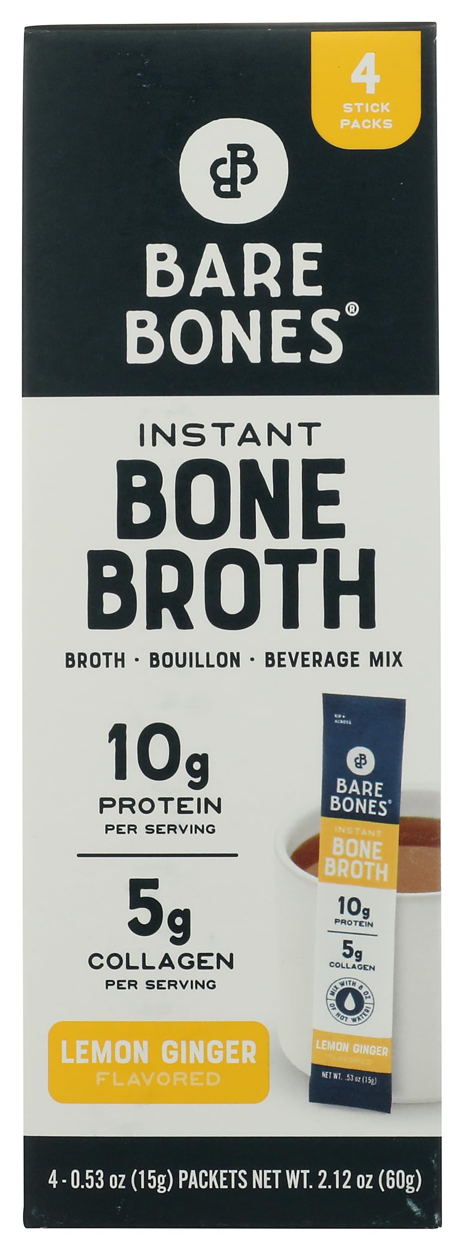 Bare Bones front packaging showing four lemon ginger stick packets and clear benefits