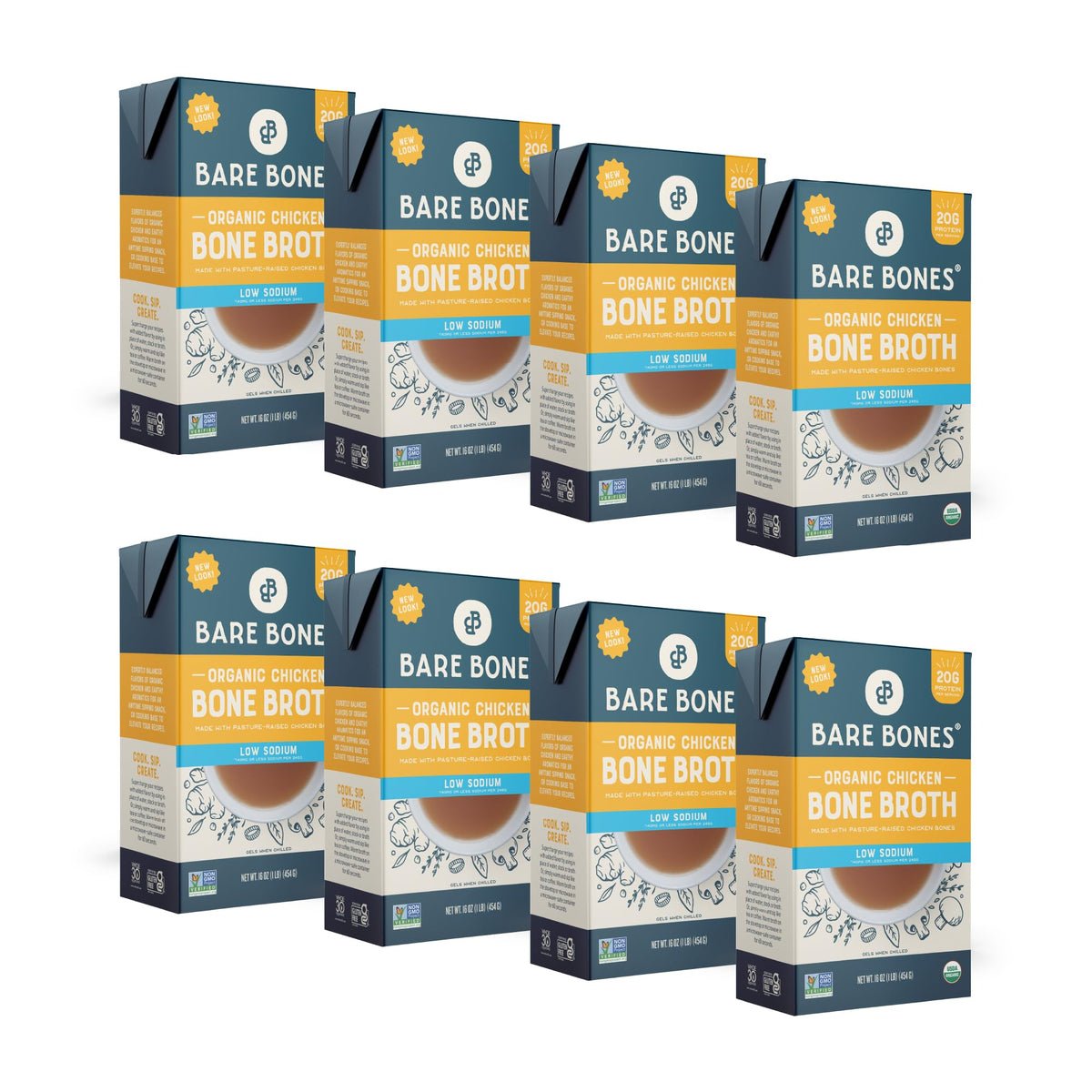 Bare Bones carton front view showing label and organic low sodium benefits