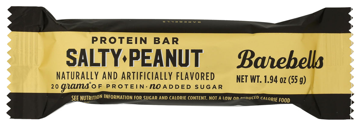 BAREBELLS bar front packaging showing salty peanut flavor and portable protein benefit