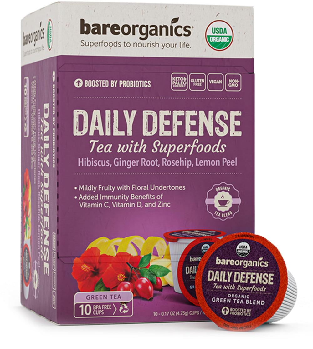 BareOrganics front packaging showing organic tea pods and benefits