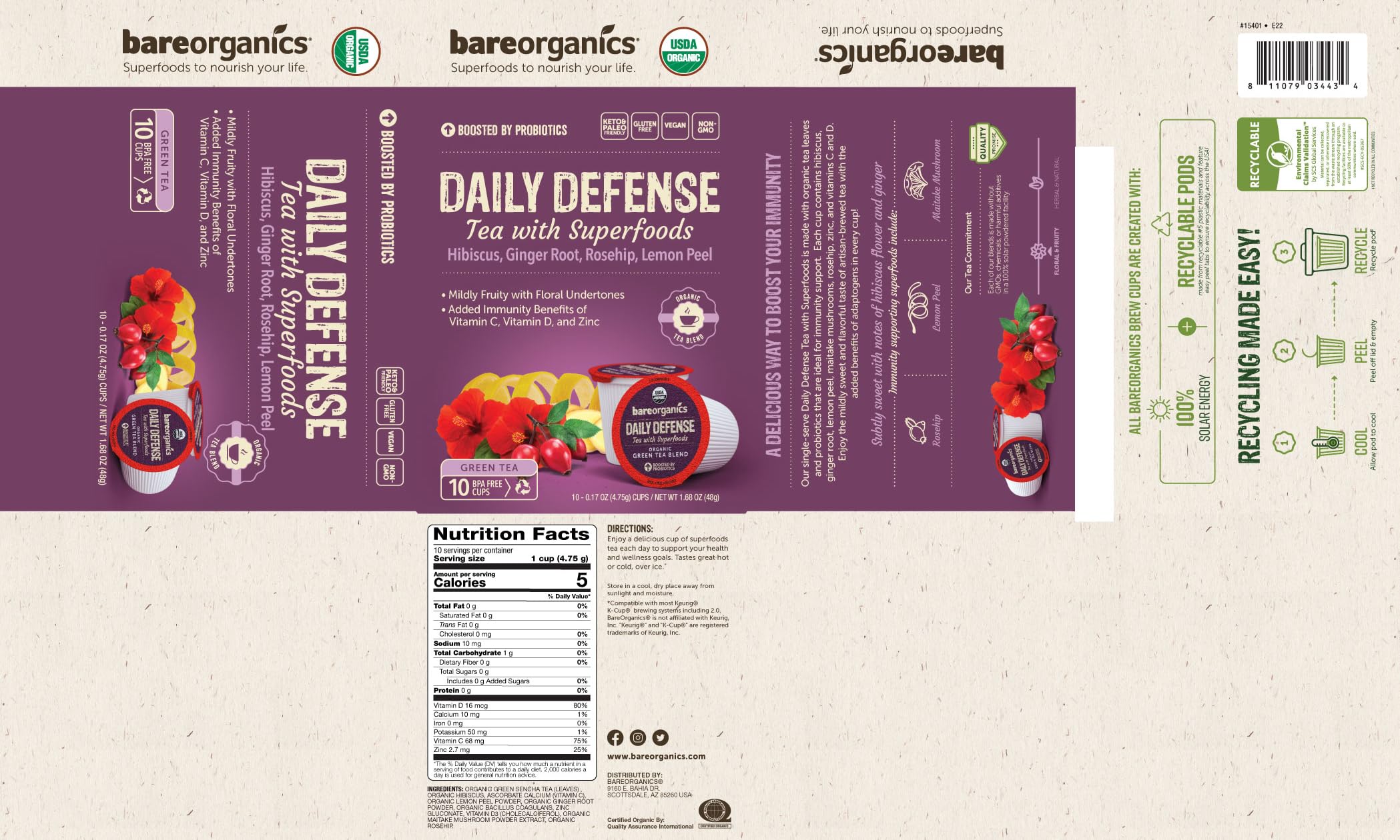 BareOrganics ingredient card listing probiotics, vitamins C D and zinc benefits