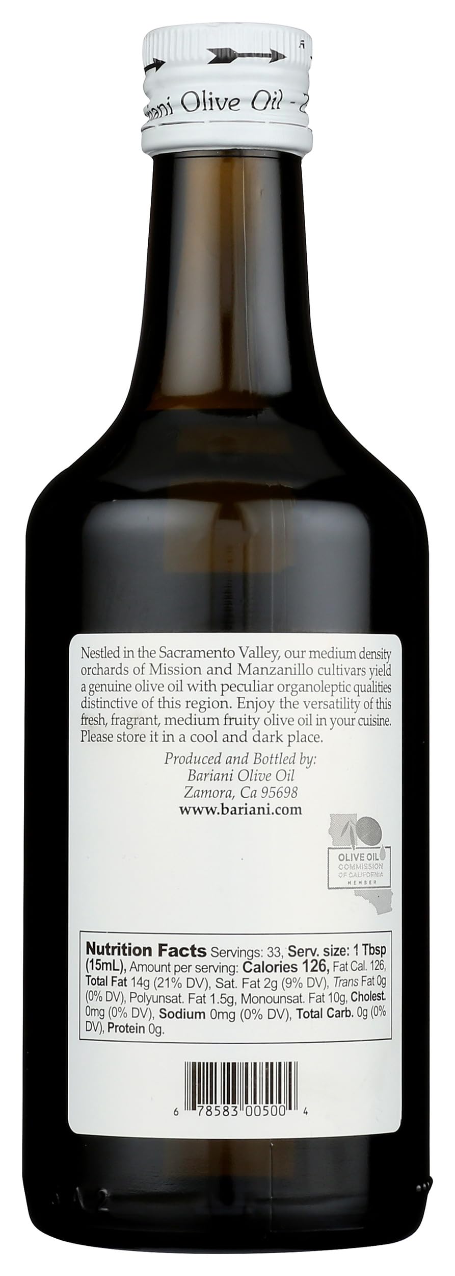 Bariani label close-up highlighting estate-grown organic certification and origin