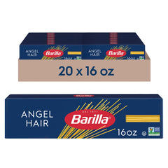 Barilla angel hair front packaging showing box and branding, reliable pantry staple
