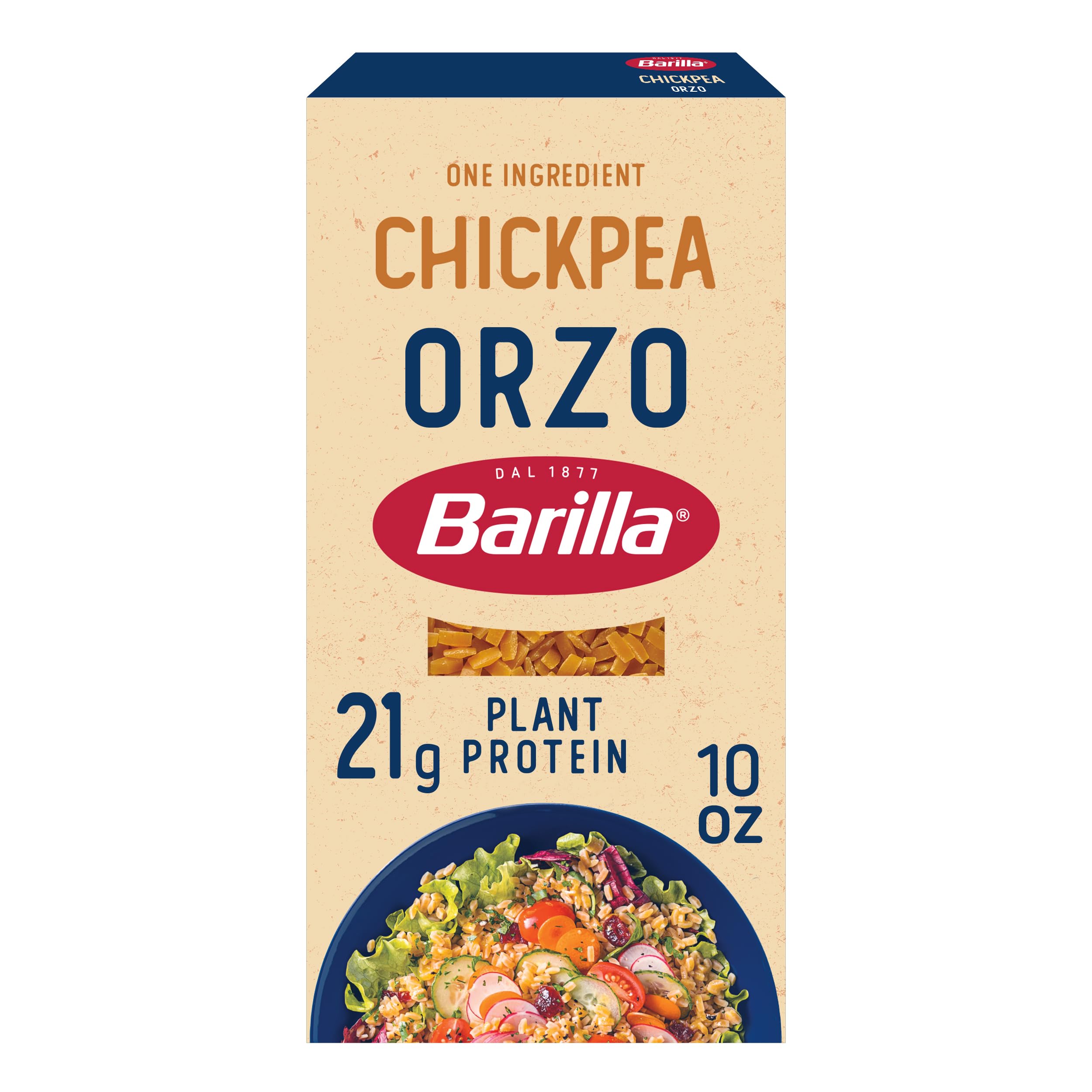 Barilla chickpea orzo front packaging shows product and benefits