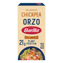 Barilla chickpea orzo front packaging shows product and benefits