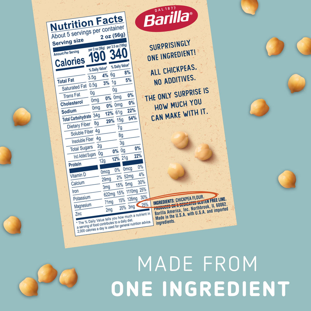 Barilla chickpea orzo next to spoon to show serving size