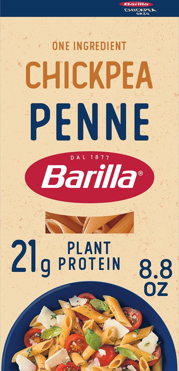 Barilla chickpea penne front packaging showing brand and product benefits