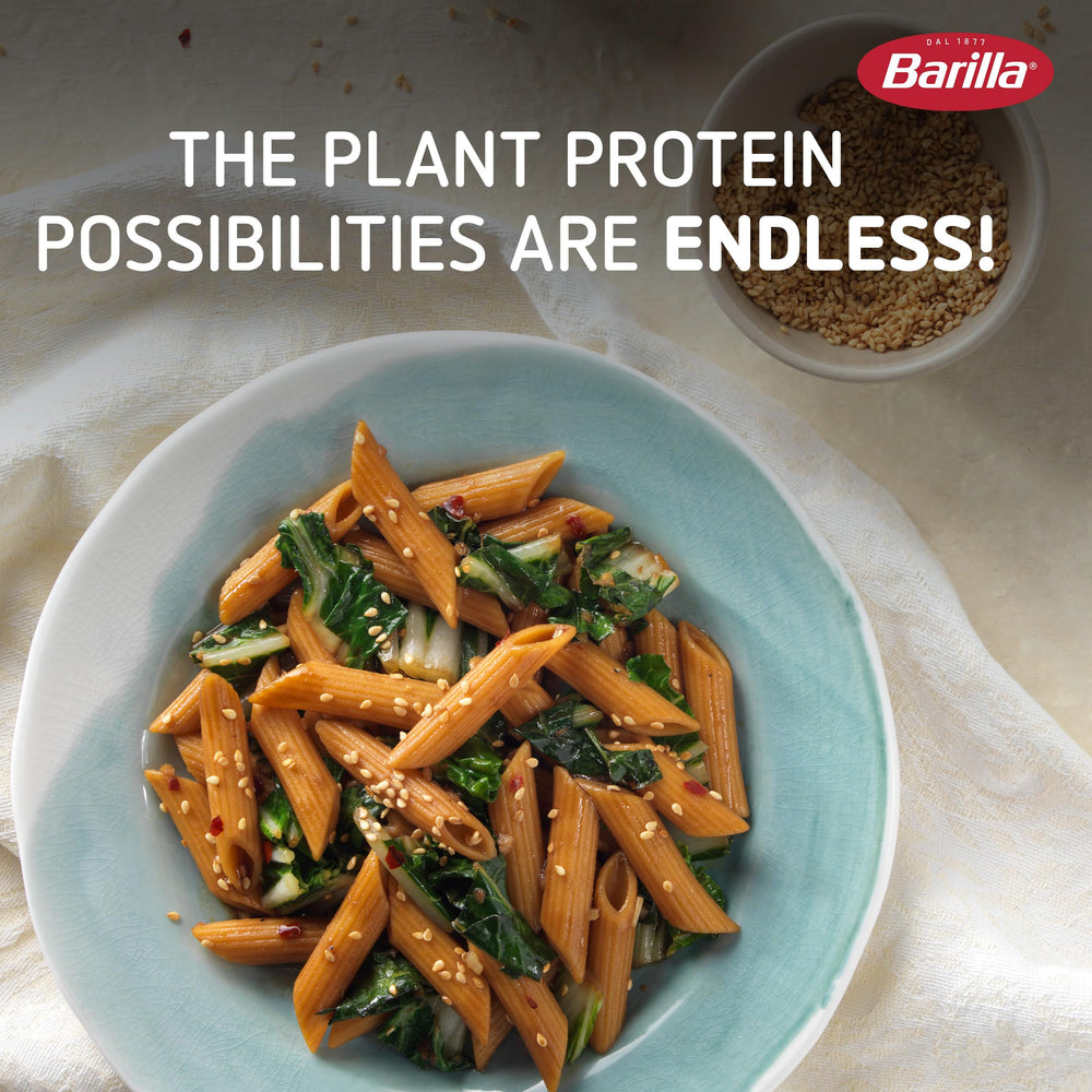 hand holding a portion of Barilla chickpea penne for scale showing serving size