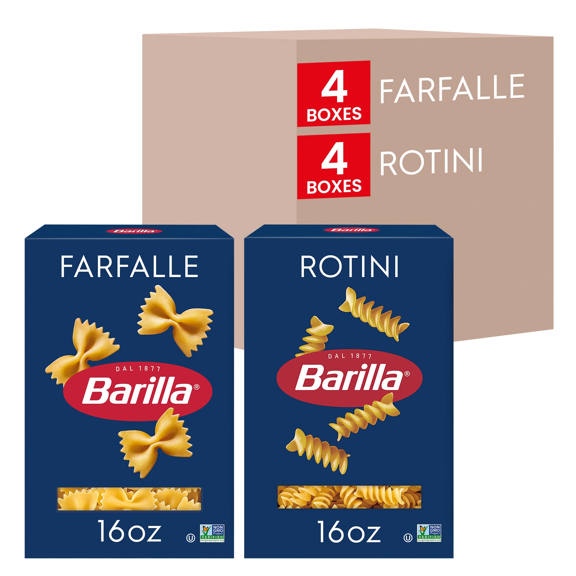 Barilla front packaging showing farfalle and rotini, clear brand and convenience benefit