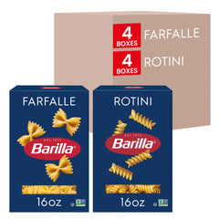 Barilla front packaging showing farfalle and rotini, clear brand and convenience benefit