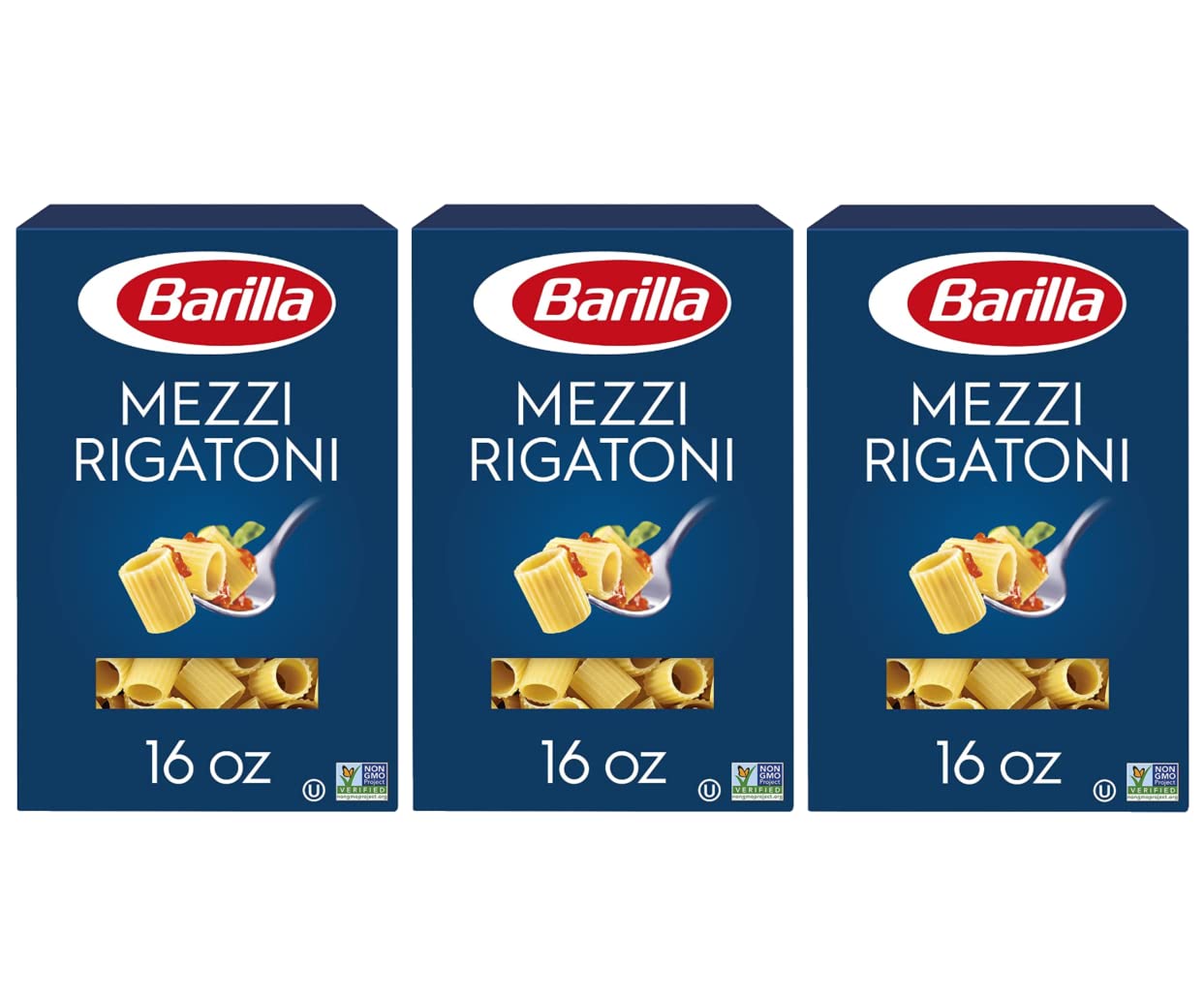 Barilla mezzi rigatoni front box showing brand and pack size, convenient pantry restock