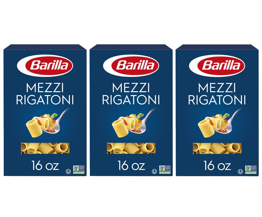 Barilla mezzi rigatoni front box showing brand and pack size, convenient pantry restock