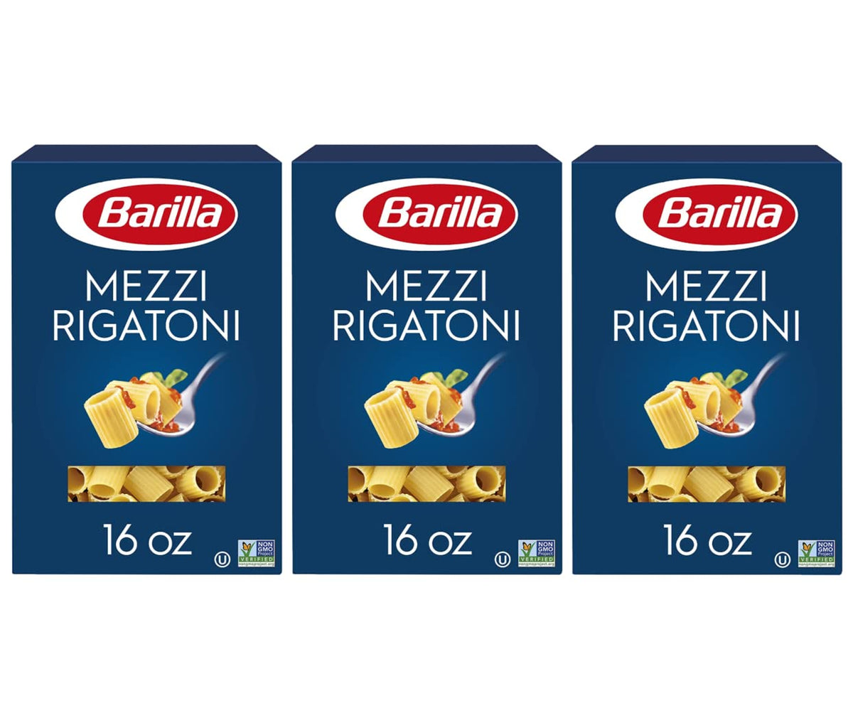 Barilla mezzi rigatoni front box showing brand and pack size, convenient pantry restock