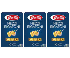 Barilla mezzi rigatoni front box showing brand and pack size, convenient pantry restock