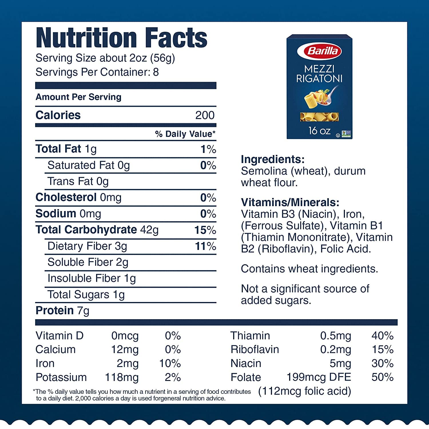 Photo of Barilla mezzi rigatoni box nutrition and ingredient label, clear product facts