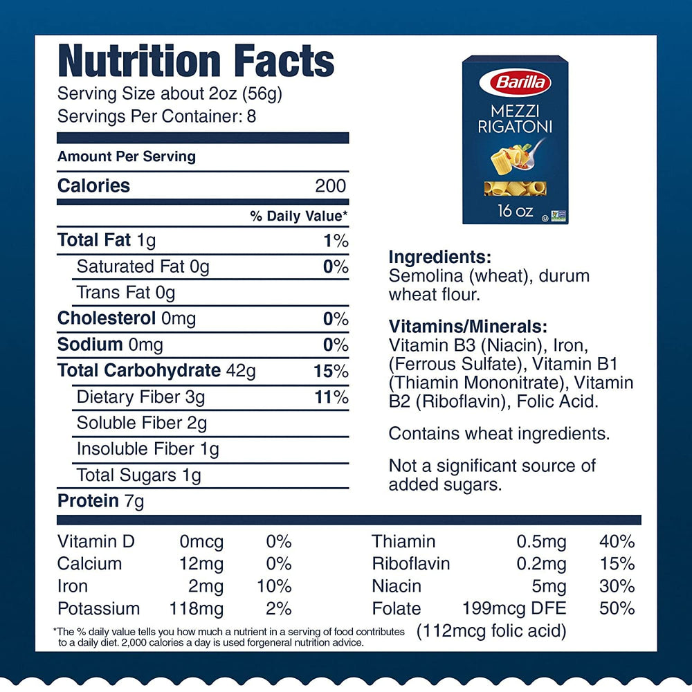Photo of Barilla mezzi rigatoni box nutrition and ingredient label, clear product facts