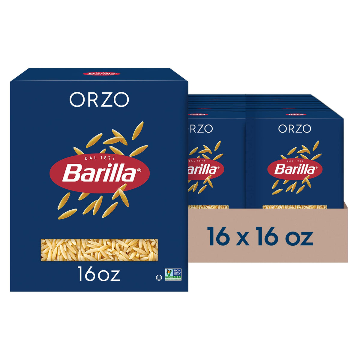 Barilla orzo front packaging shows brand and 16oz box, convenient bulk supply