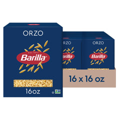 Barilla orzo front packaging shows brand and 16oz box, convenient bulk supply