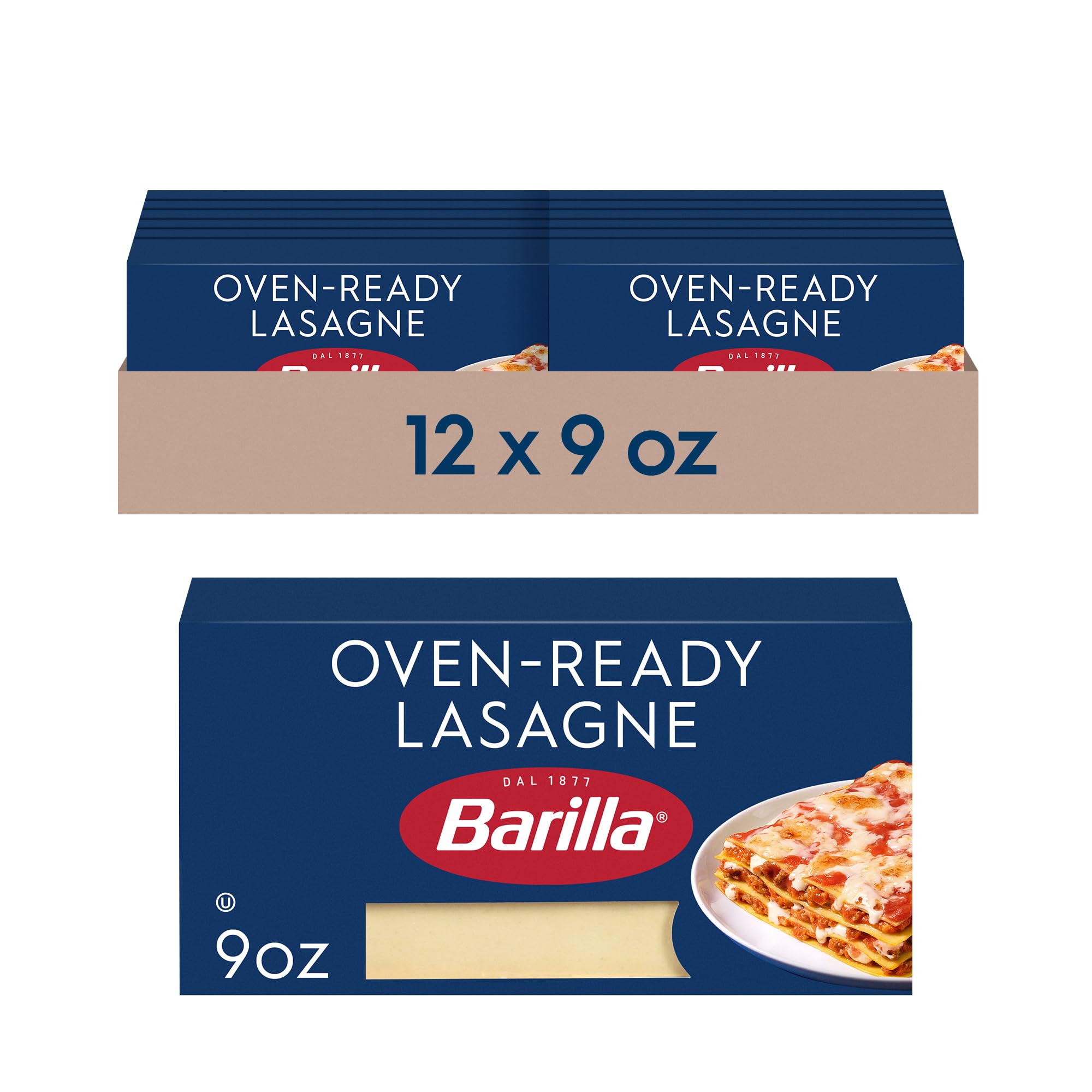 Barilla front box of oven-ready lasagne showing brand and convenience