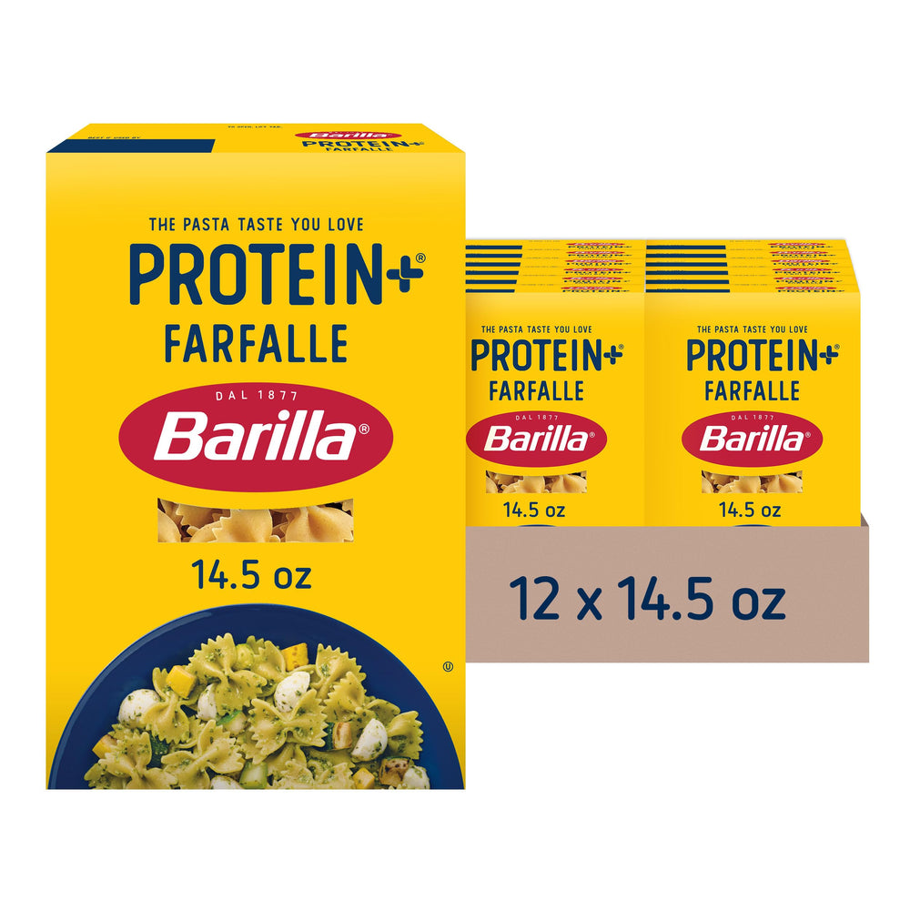 Barilla Protein+ front box showing farfalle and protein claim benefit