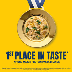 Close-up of Barilla Protein+ farfalle shape highlighting texture and sauce hold