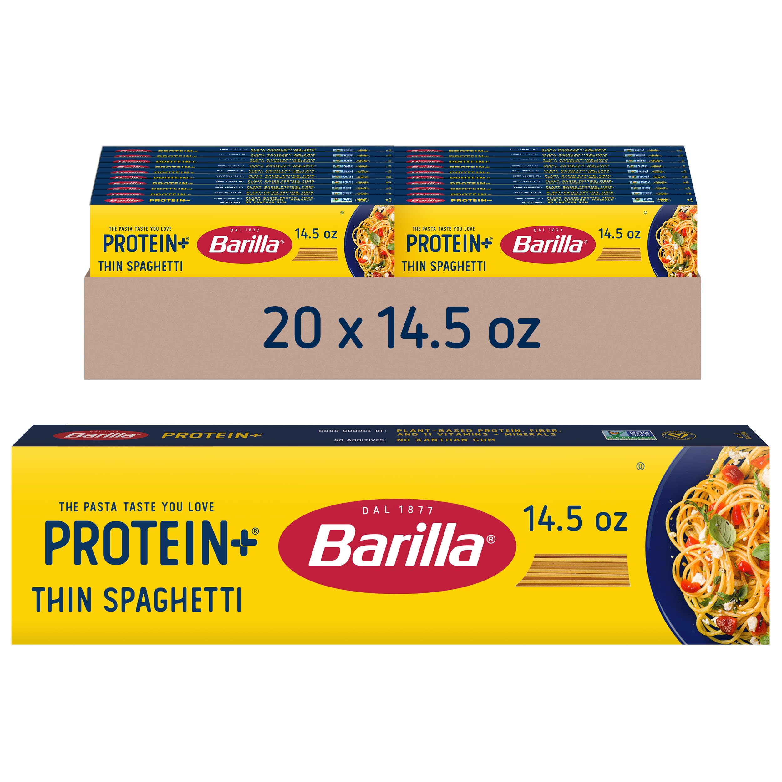 Barilla Protein+ front packaging showing thin spaghetti and branding benefits