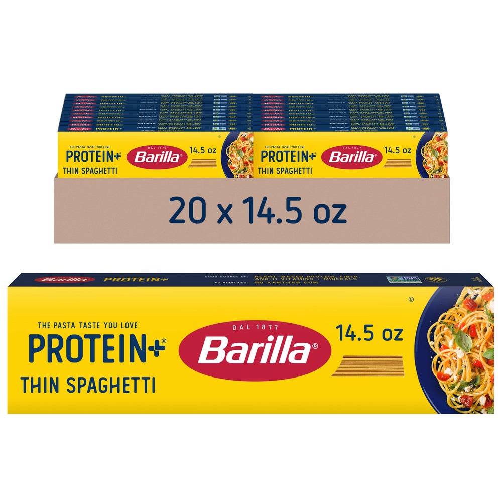 Barilla Protein+ front packaging showing thin spaghetti and branding benefits