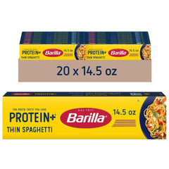 Barilla Protein+ front packaging showing thin spaghetti and branding benefits