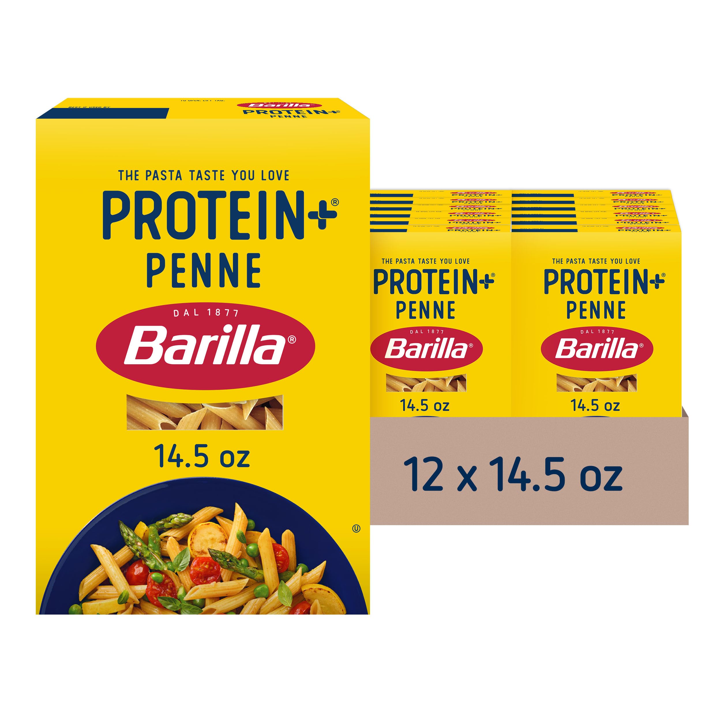 Barilla Protein+ penne front pack showing branding and size for easy selection