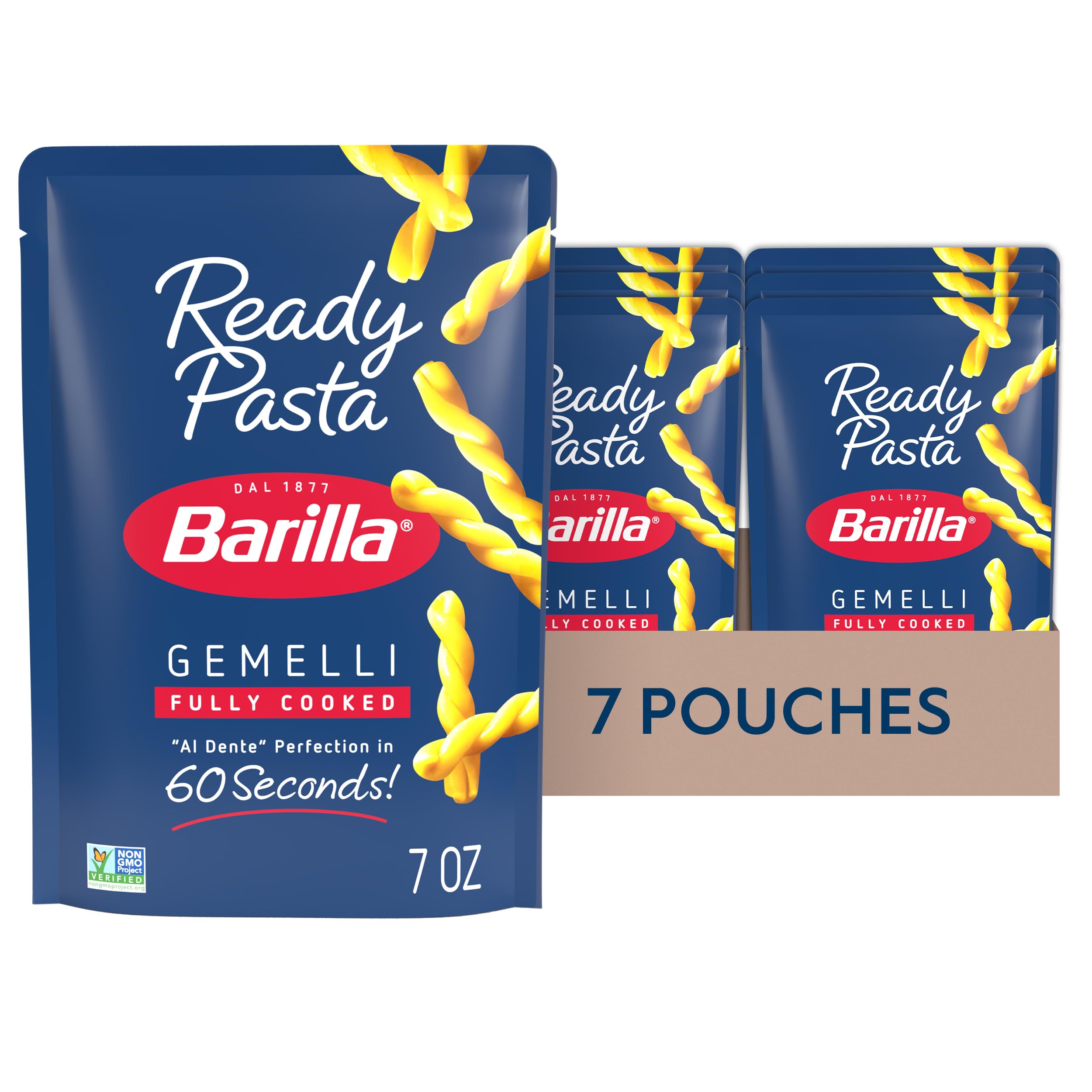 Barilla ready pasta gemelli front packaging showing quick microwave benefit