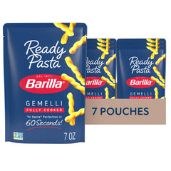 Barilla ready pasta gemelli front packaging showing quick microwave benefit