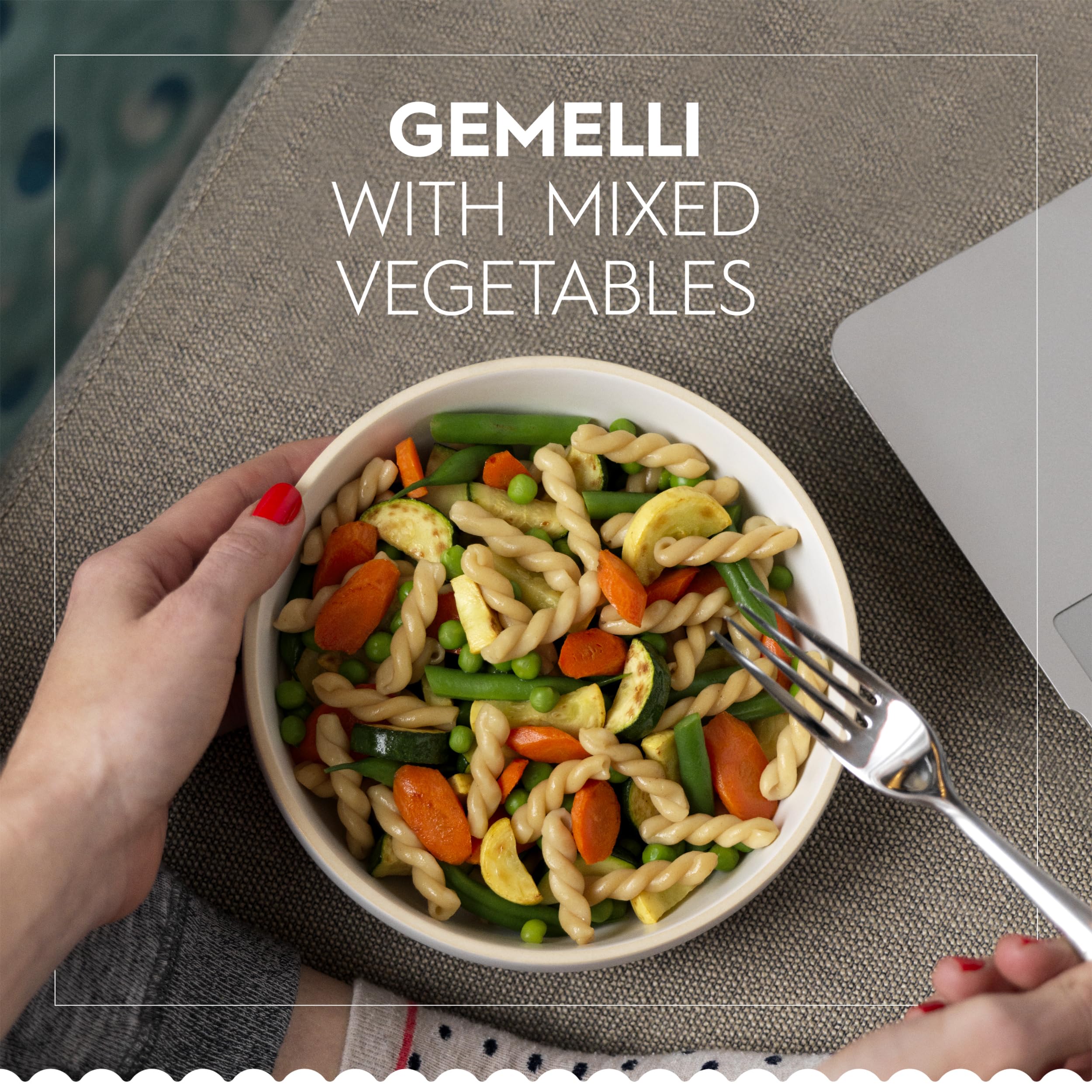 Barilla pouch opened with gemelli pasta ready to heat for fast meals