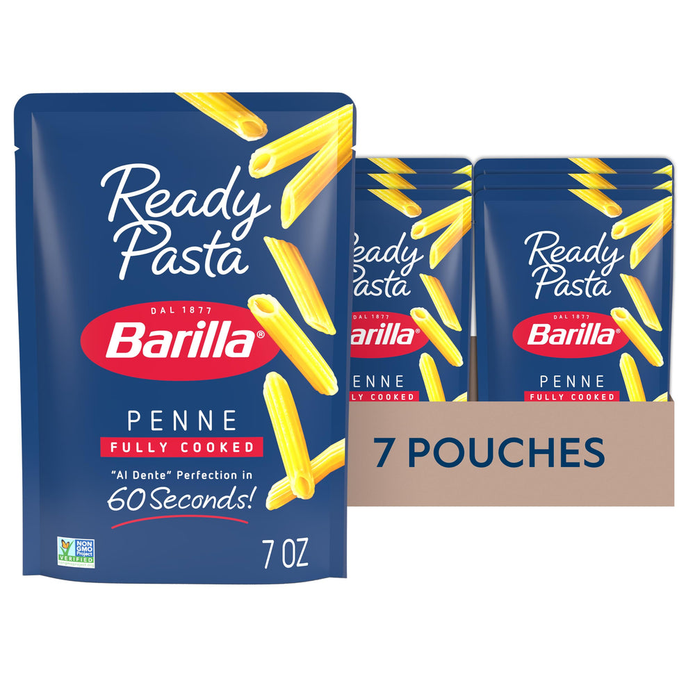 Barilla front packaging of Ready Pasta penne showing brand and convenience