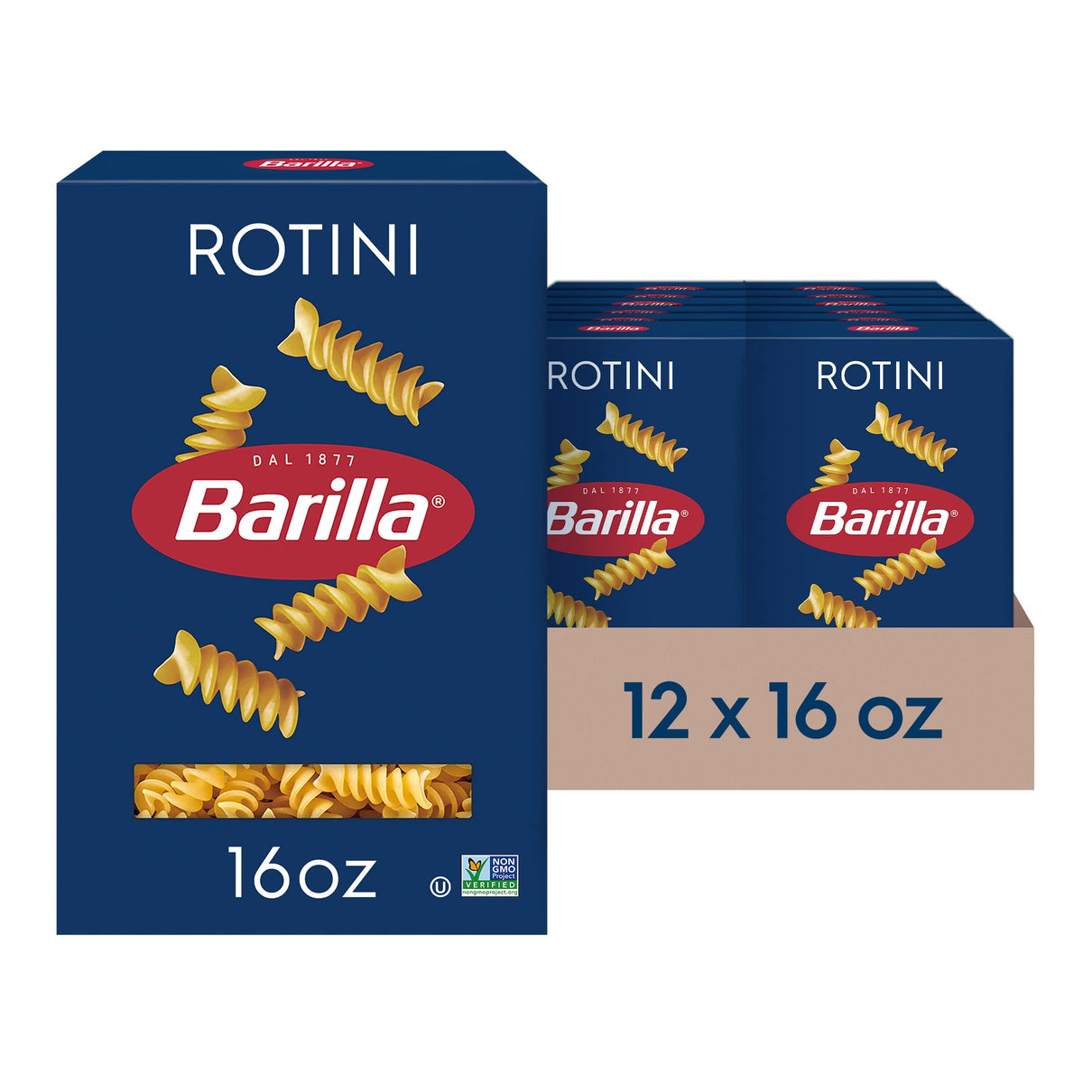Barilla front packaging showing rotini 16oz and 12-pack convenience benefit