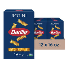 Barilla front packaging showing rotini 16oz and 12-pack convenience benefit
