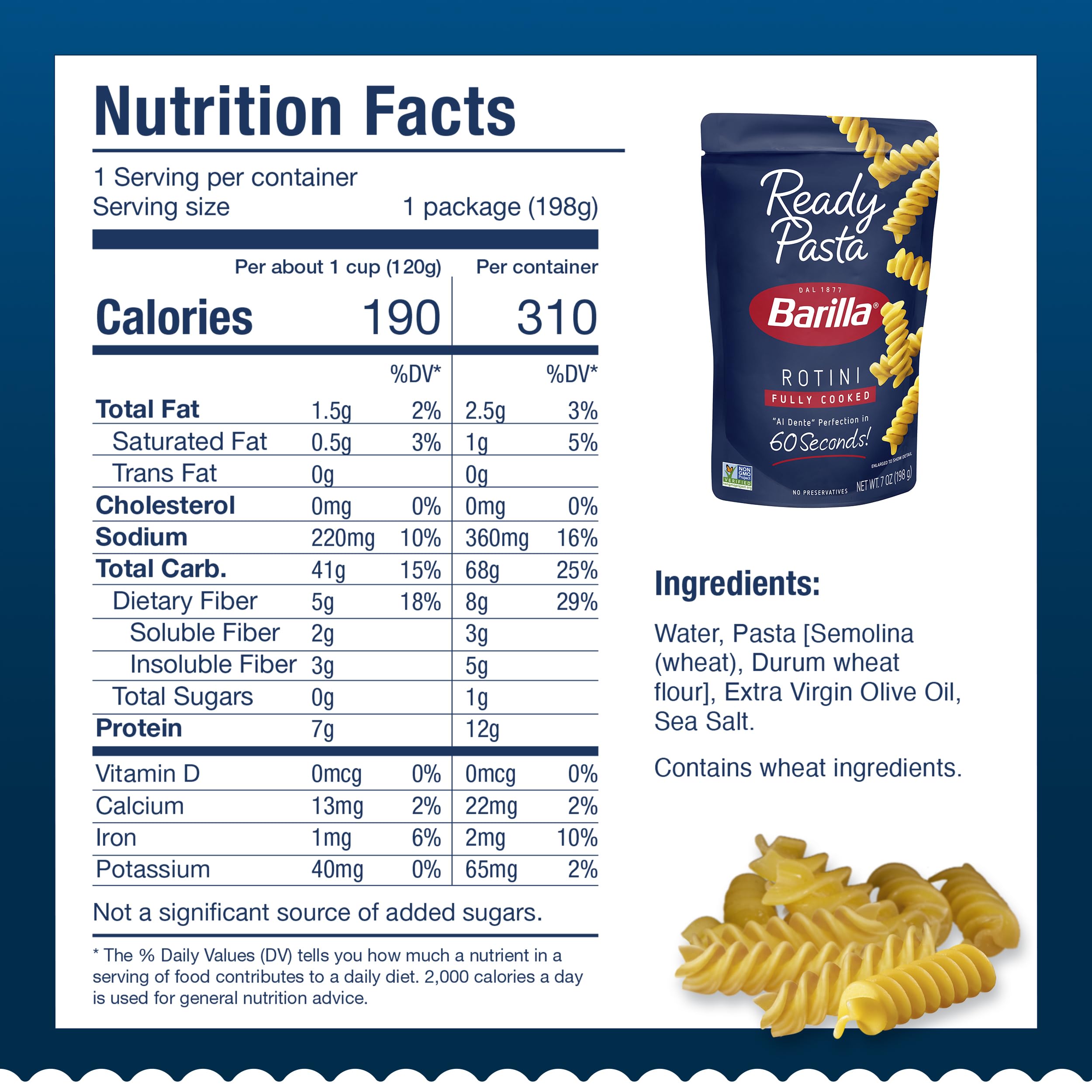 Hand holding Barilla rotini pouch to show size and grab-and-go convenience