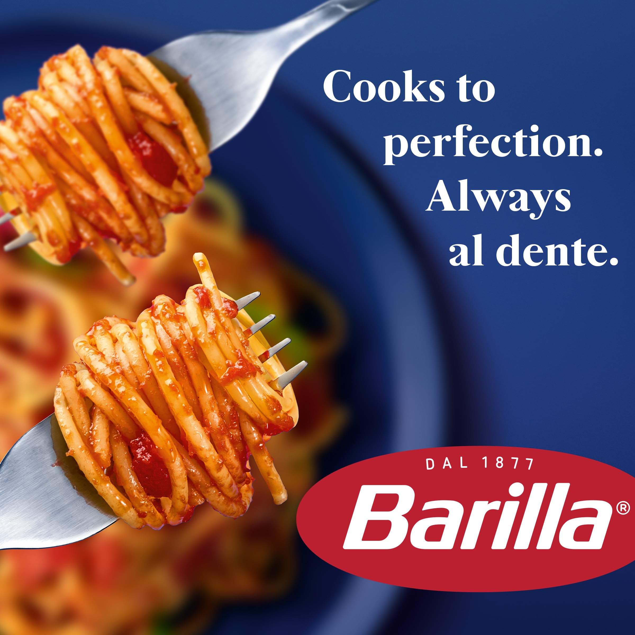 portioned Barilla spaghetti beside measuring cup showing brand and serving control benefit