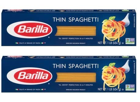 barilla thin spaghetti front packaging showing bag and serving suggestion, promotes quick-cook convenience