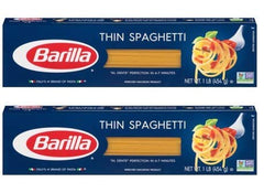 barilla thin spaghetti front packaging showing bag and serving suggestion, promotes quick-cook convenience