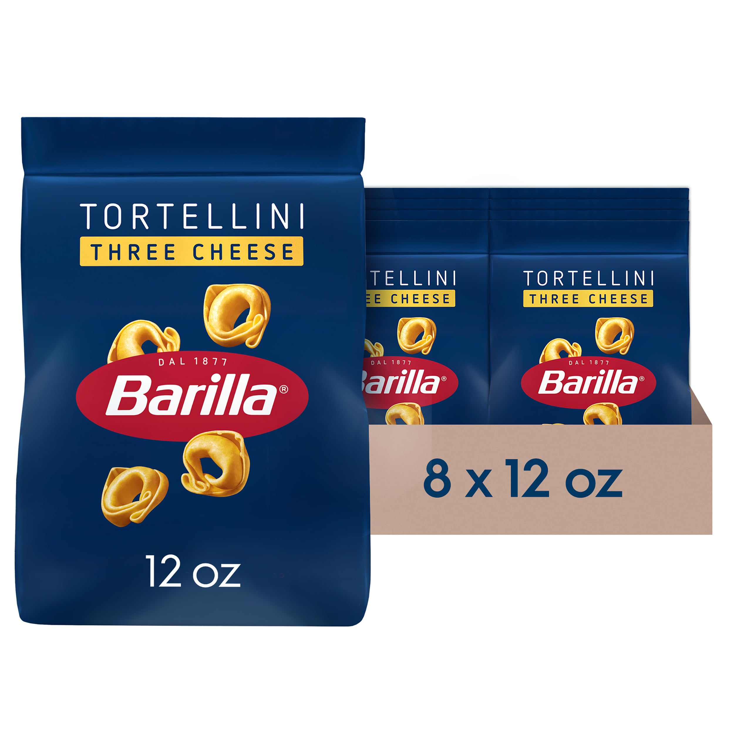 Barilla package front view showing brand and three-cheese tortellini benefit convenience
