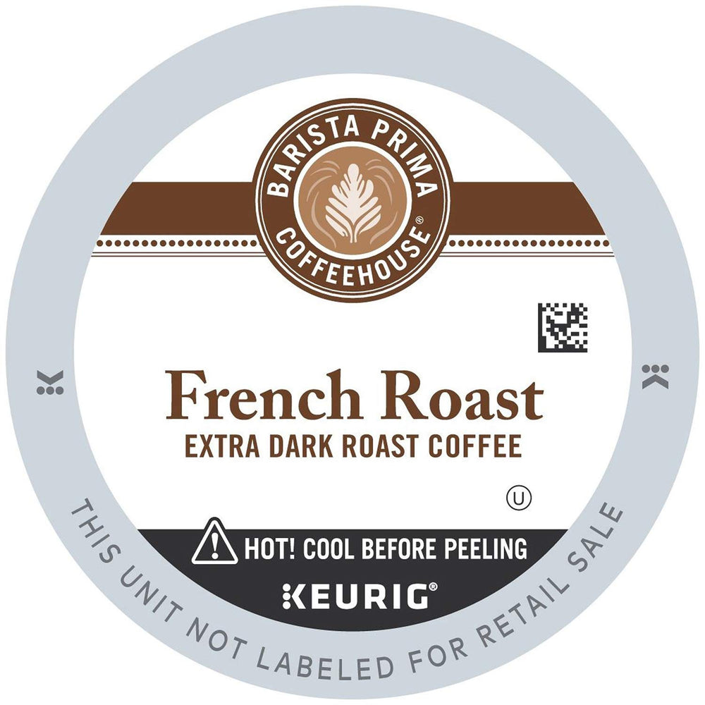 Barista Prima front packaging showing 96-count bold French roast, clear supply and brand