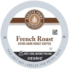 Barista Prima front packaging showing 96-count bold French roast, clear supply and brand
