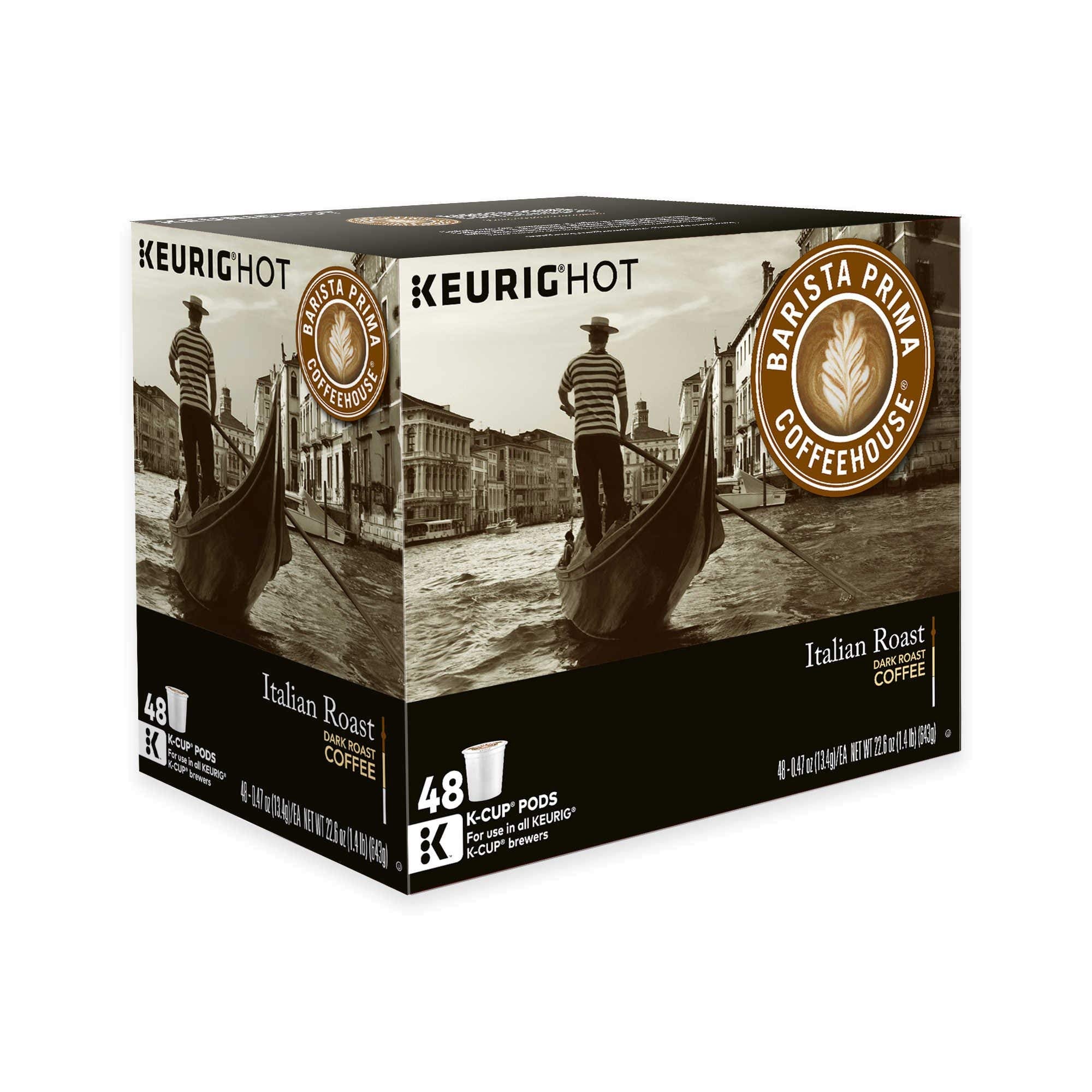 Barista Prima front packaging showing K-Cups and bold Italian roast flavor