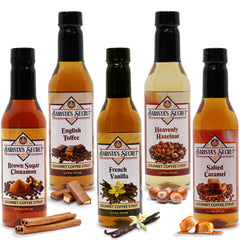 Barista's Secret front packaging showing five bottles and flavors for quick selection