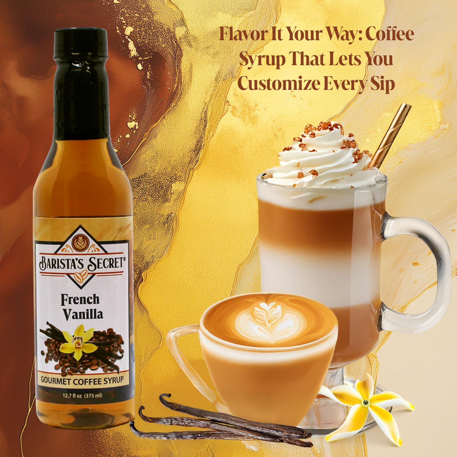 Barista's Secret bottle beside a coffee cup showing 12.7 oz size and handy portioning