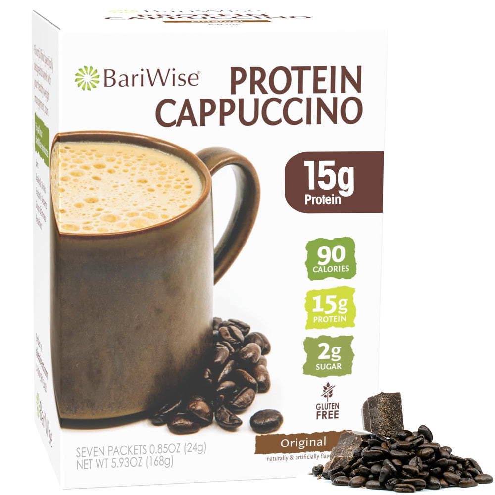 BariWise front packaging showing cappuccino packets and benefits