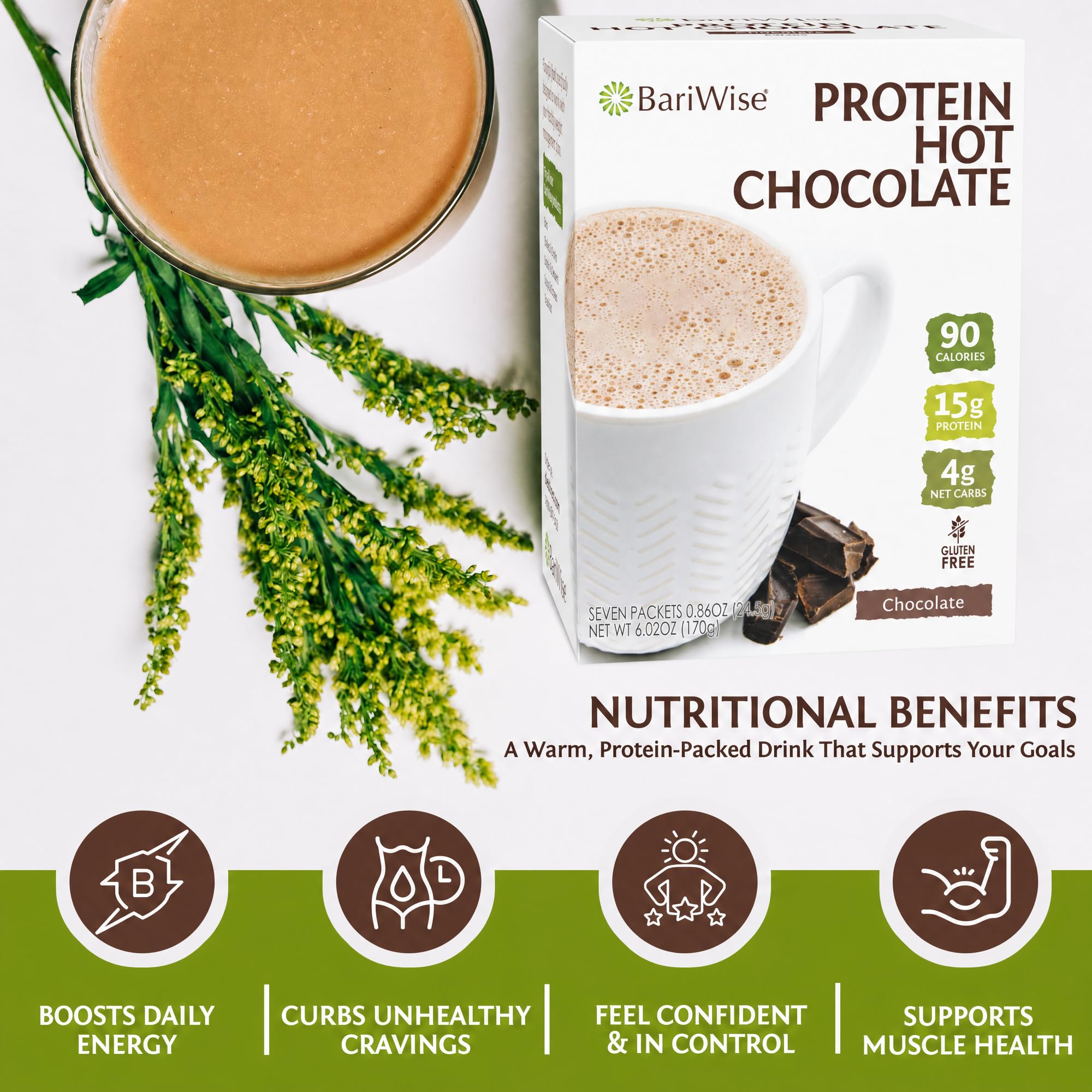 BariWise chocolate powder closeup highlighting smooth texture and easy mixing