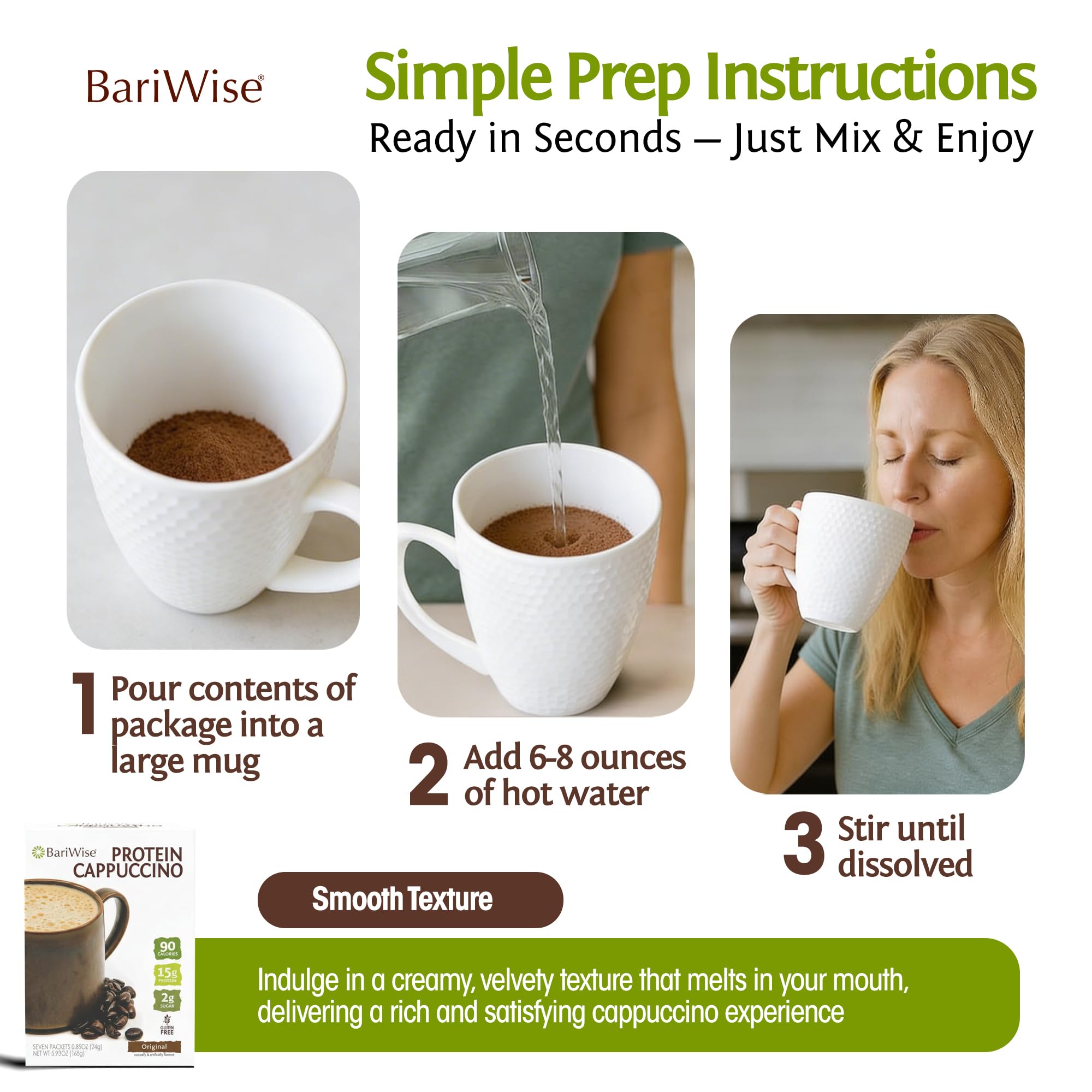 BariWise packet beside standard mug to show packet size
