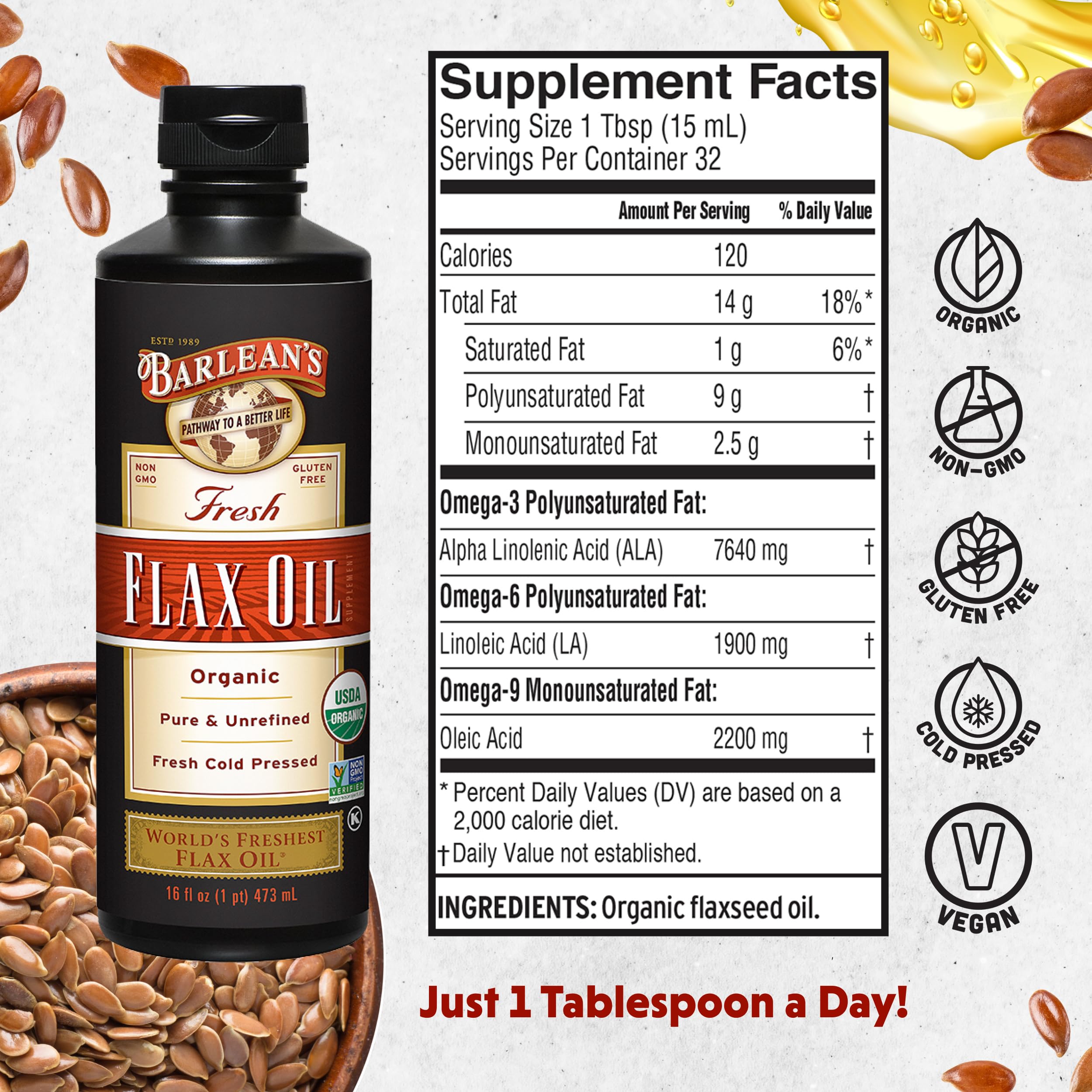 Barlean's oil pouring into a spoon to show smooth texture and easy daily serving